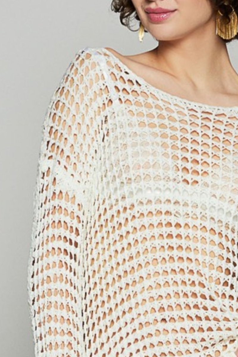 POL Side Slit Openwork Long Sleeve Knit Cover Up - S. M. & Co.