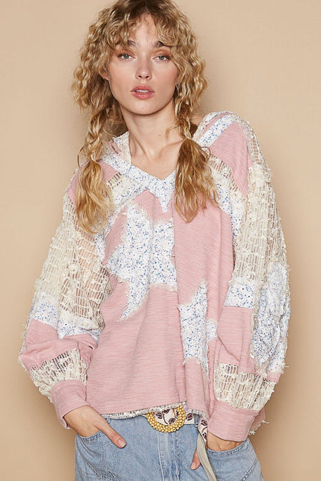 POL Star Patch Lace Long Sleeve Hooded Top - S. M. & Co.