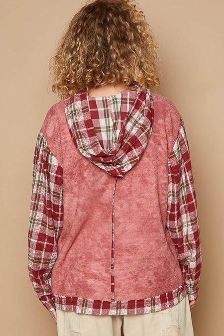 POL Star Patch Plaid Long Sleeve Hooded Top - S. M. & Co.