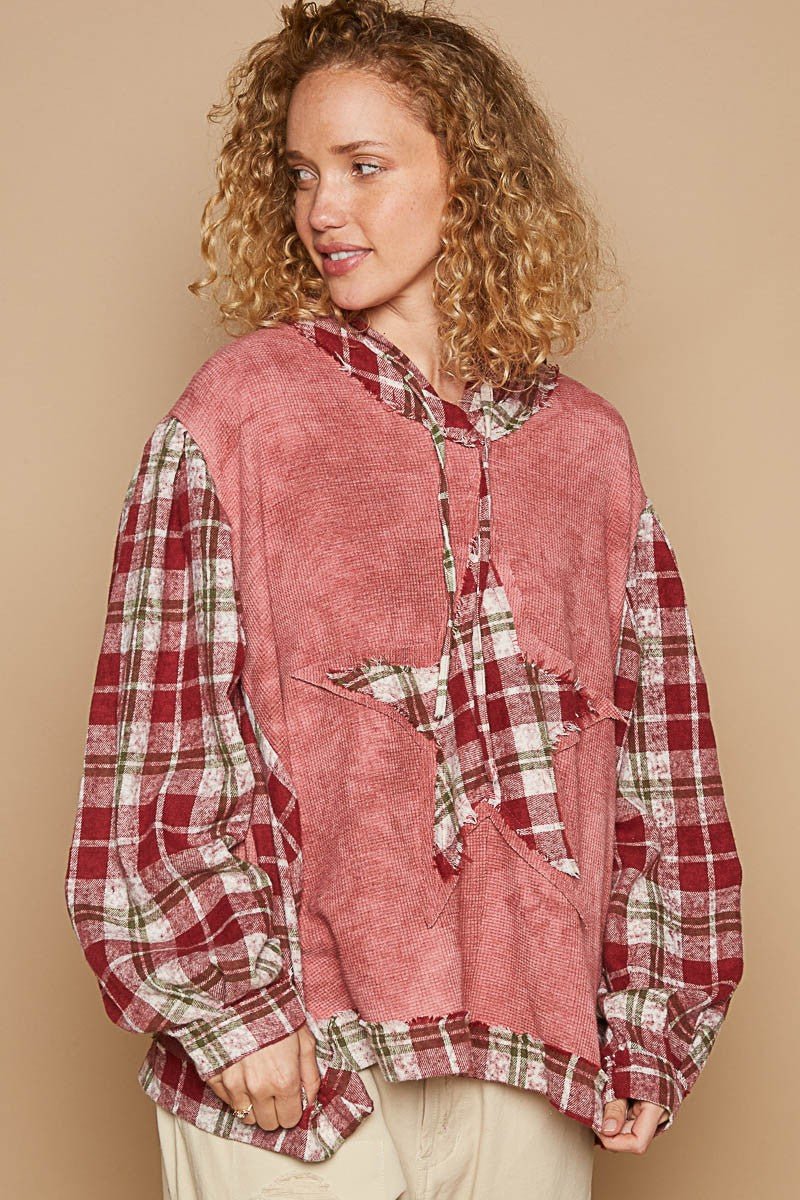 POL Star Patch Plaid Long Sleeve Hooded Top - S. M. & Co.