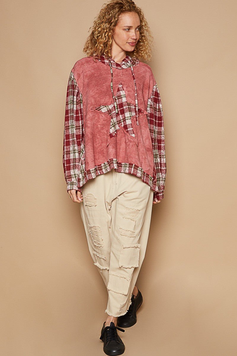 POL Star Patch Plaid Long Sleeve Hooded Top - S. M. & Co.