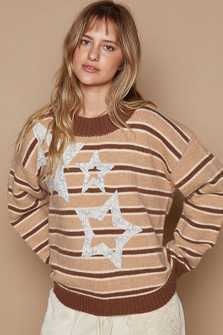 POL Star Patch Stripe Round Neck Sweater - S. M. & Co.