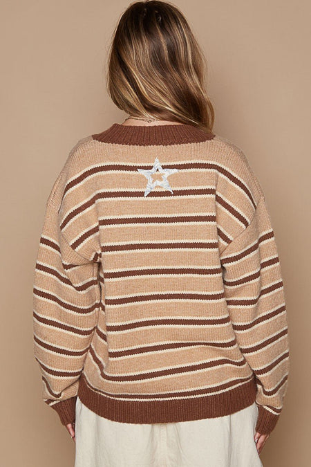 POL Star Patch Stripe Round Neck Sweater - S. M. & Co.