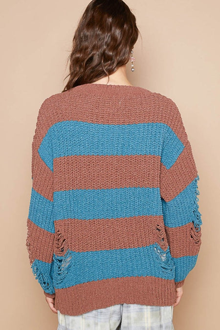 POL Striped Distressed Long Sleeve Sweater - S. M. & Co.