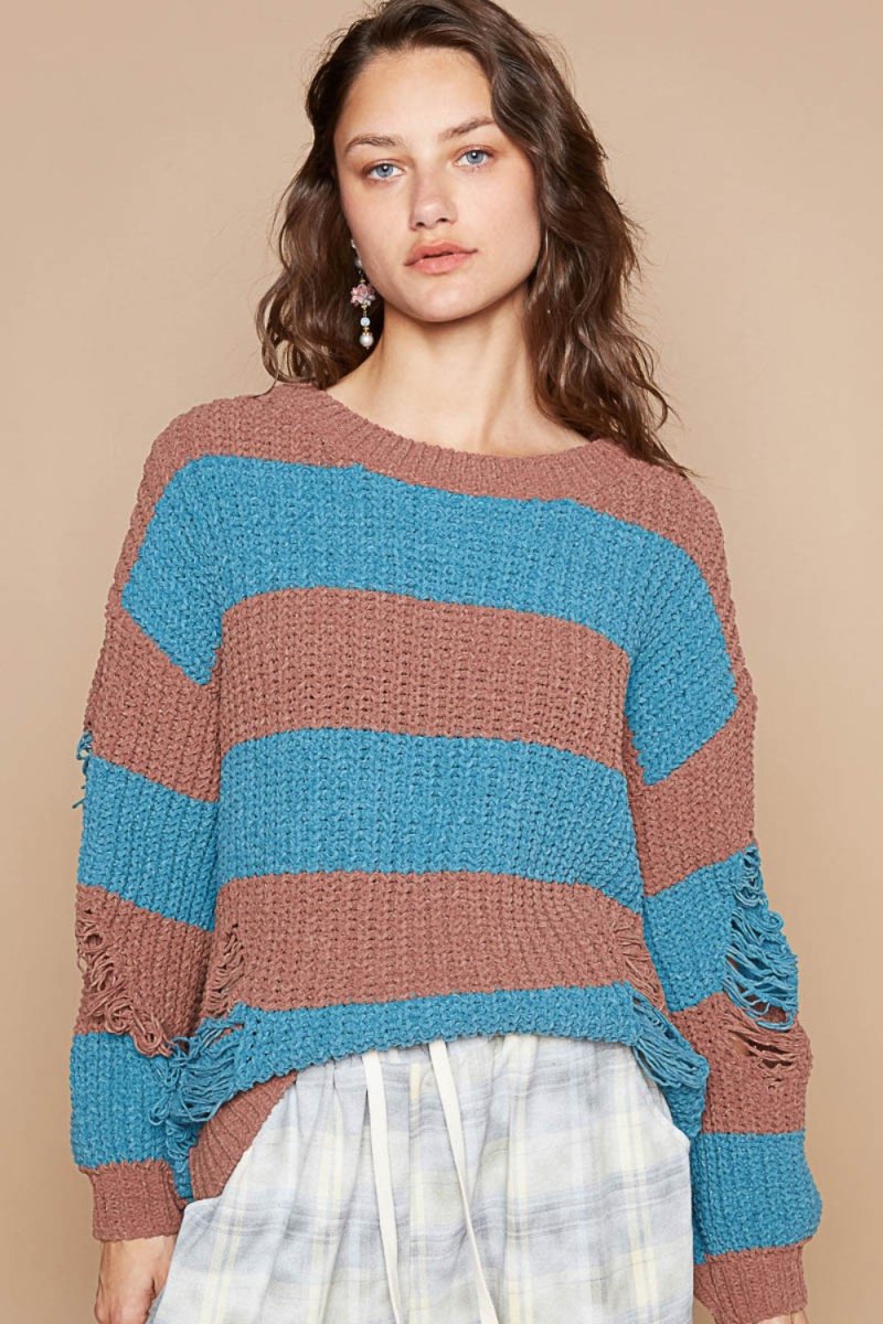 POL Striped Distressed Long Sleeve Sweater - S. M. & Co.