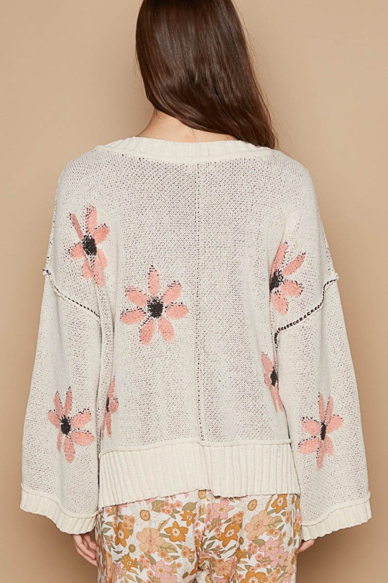 POL V - Neck Floral Pattern Chenille Sweater - S. M. & Co.