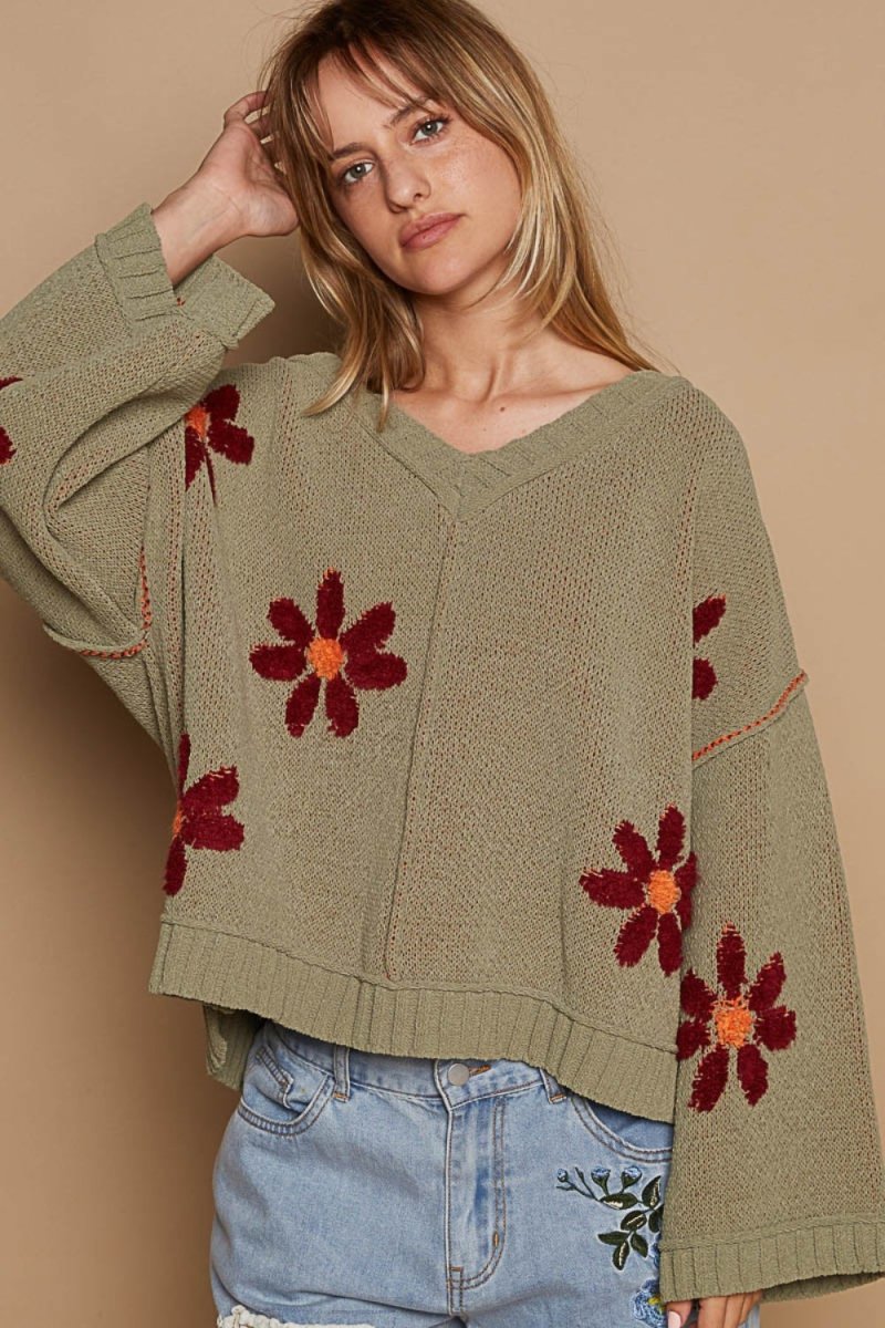 POL V - Neck Floral Pattern Chenille Sweater - S. M. & Co.