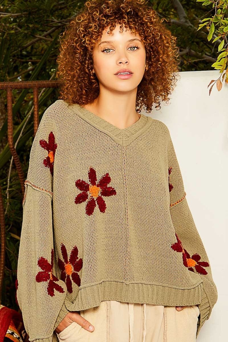 POL V - Neck Floral Pattern Chenille Sweater - S. M. & Co.