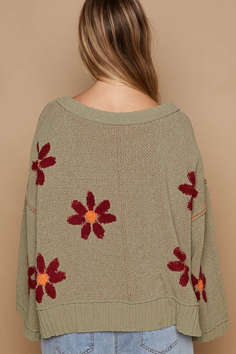 POL V - Neck Floral Pattern Chenille Sweater - S. M. & Co.