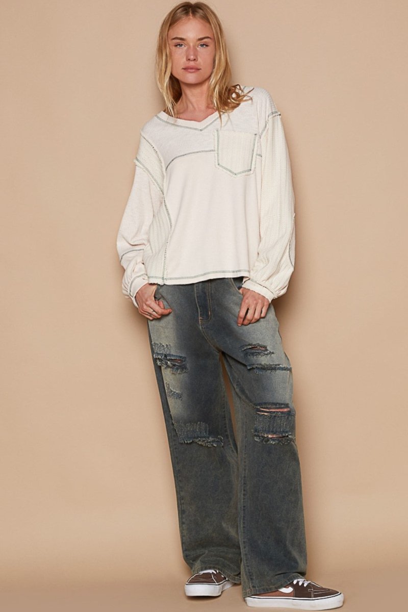 POL V - Neck knit Panel Exposed Seam Top - S. M. & Co.