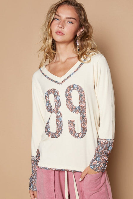 POL V - Neck Long Sleeve Floral Number Patch T-Shirt - S. M. & Co.