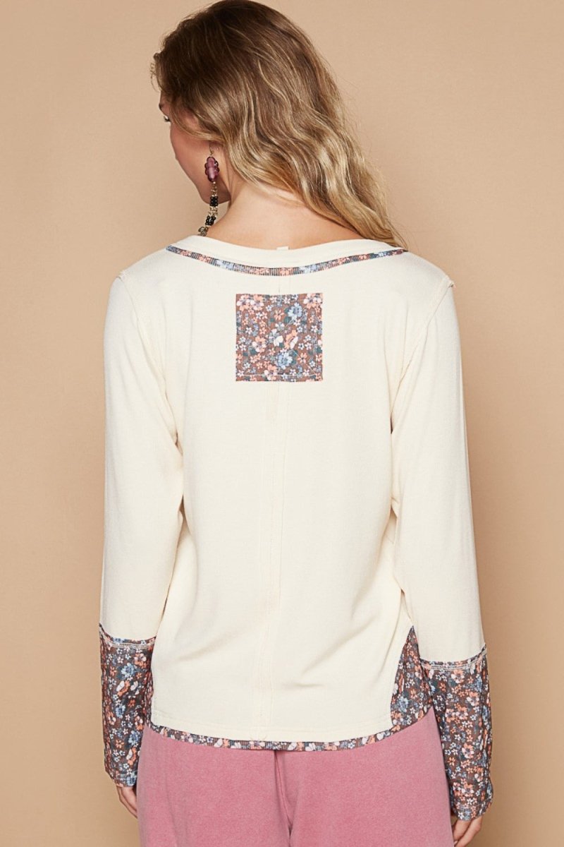 POL V - Neck Long Sleeve Floral Number Patch T-Shirt - S. M. & Co.