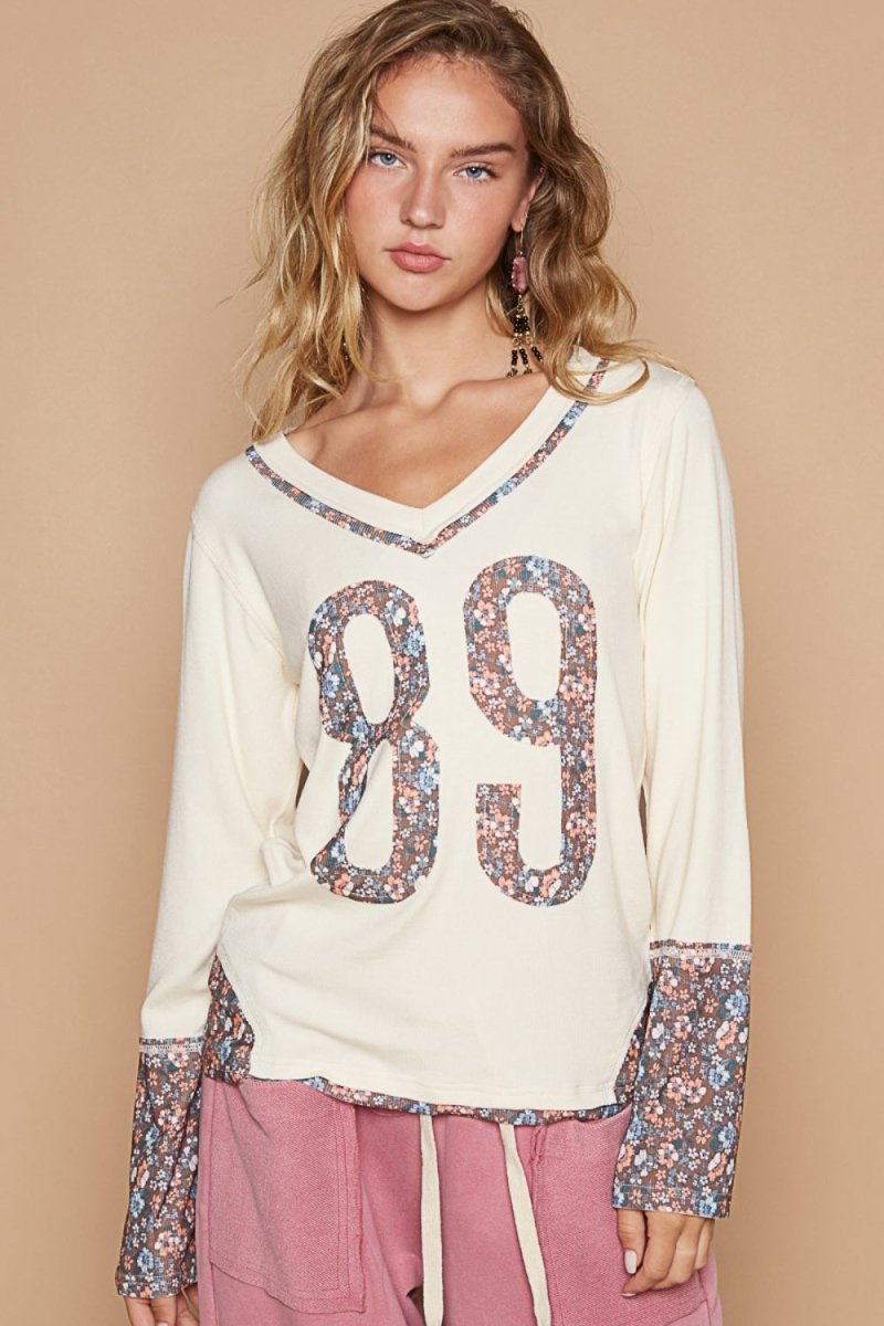 POL V - Neck Long Sleeve Floral Number Patch T-Shirt - S. M. & Co.