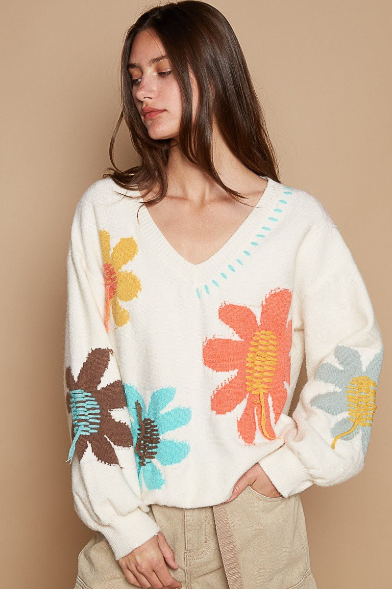 POL V - Neck Long Sleeve Flower Fringe Sweater - S. M. & Co.