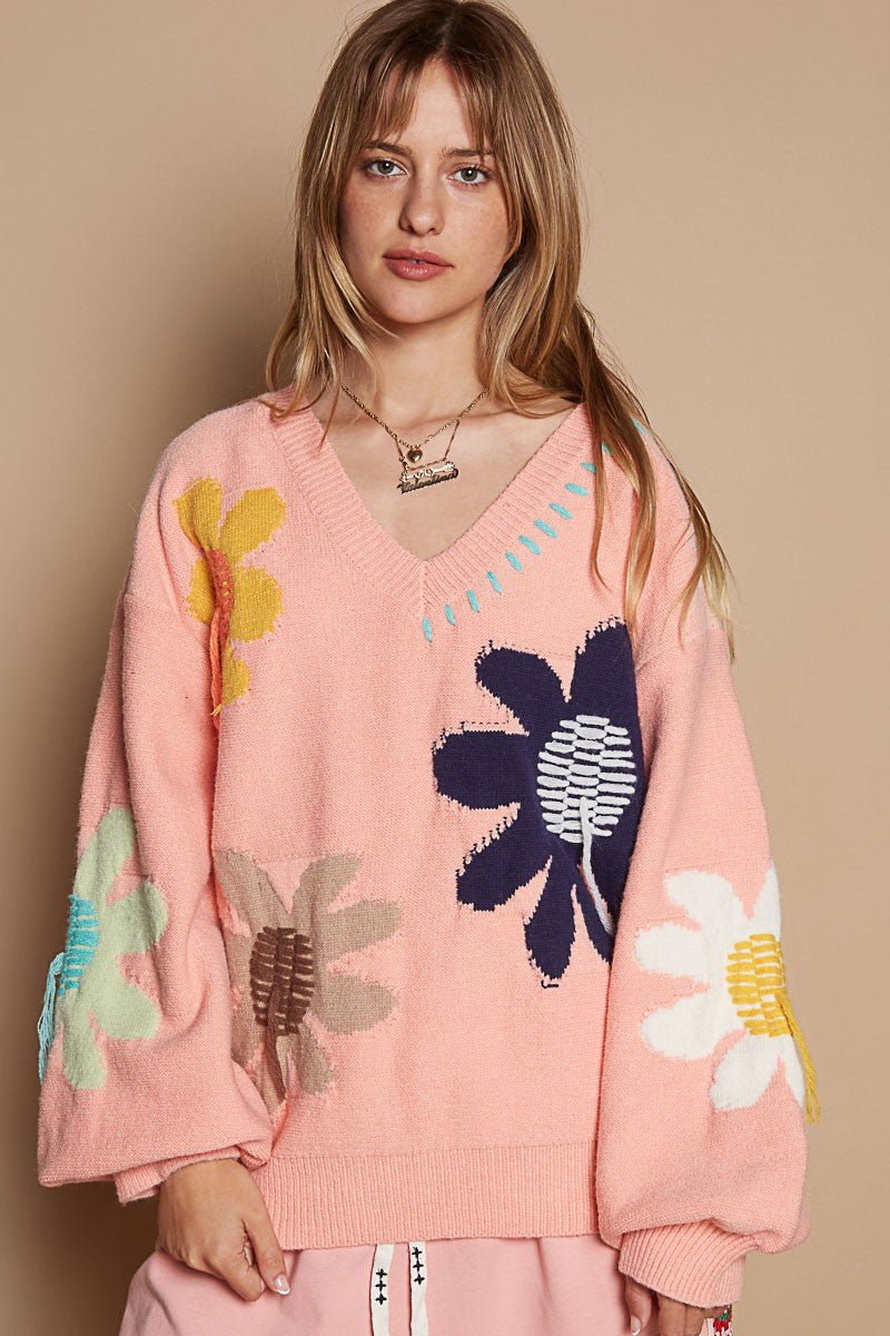 POL V - Neck Long Sleeve Flower Fringe Sweater - S. M. & Co.