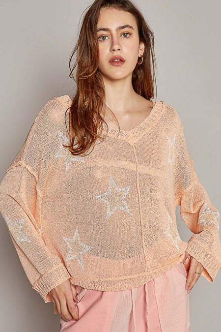 POL V - Neck Long Sleeve Star Print Knit Top - S. M. & Co.