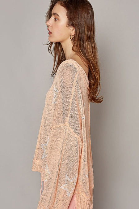 POL V - Neck Long Sleeve Star Print Knit Top - S. M. & Co.