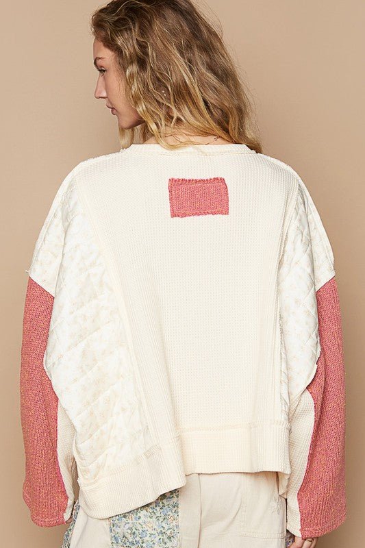 POL Waffle - Knit Contrast Notched Long Sleeve Knit Top - S. M. & Co.