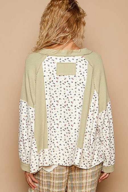 POL Waffle Knit Floral Notched Long Sleeve Top - S. M. & Co.