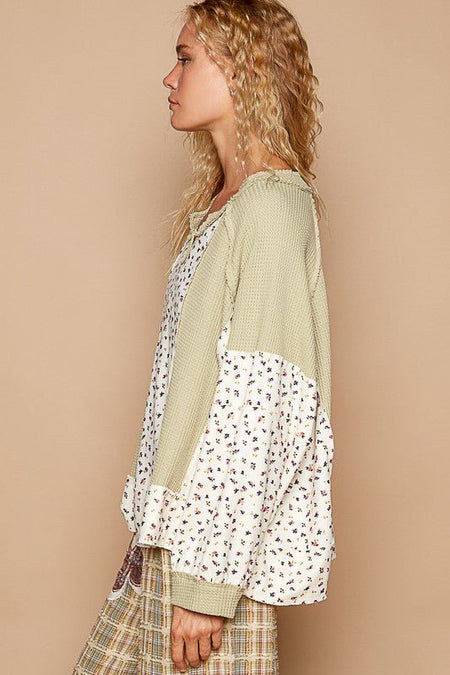 POL Waffle Knit Floral Notched Long Sleeve Top - S. M. & Co.