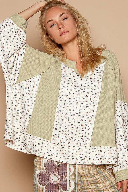 POL Waffle Knit Floral Notched Long Sleeve Top - S. M. & Co.