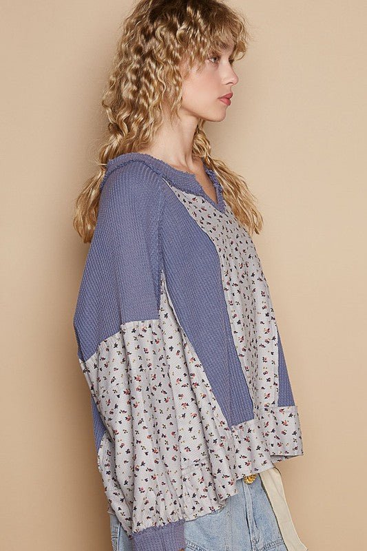 POL Waffle Knit Floral Notched Long Sleeve Top - S. M. & Co.