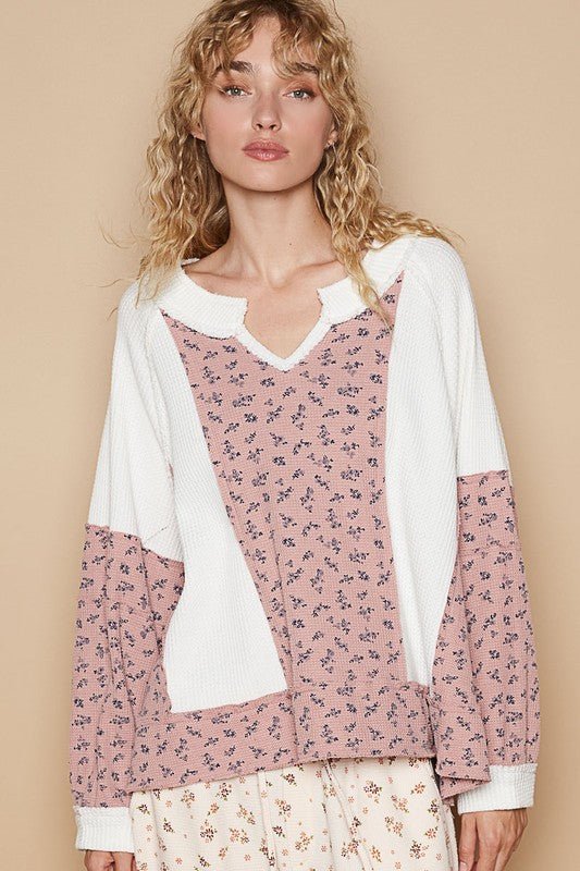 POL Waffle Knit Floral Notched Long Sleeve Top - S. M. & Co.