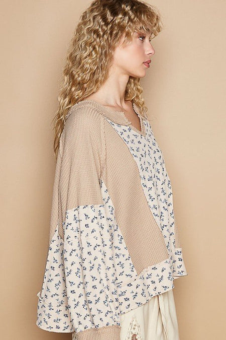 POL Waffle Knit Floral Notched Long Sleeve Top - S. M. & Co.