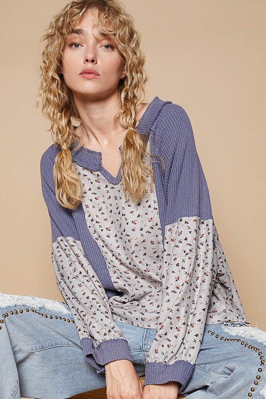 POL Waffle Knit Floral Notched Long Sleeve Top - S. M. & Co.