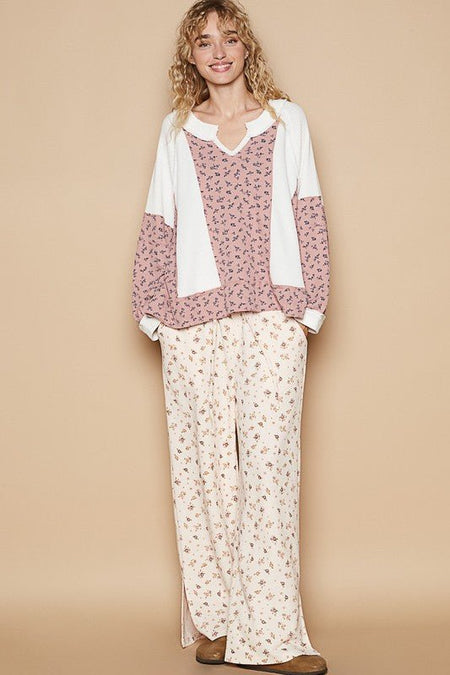 POL Waffle Knit Floral Notched Long Sleeve Top - S. M. & Co.