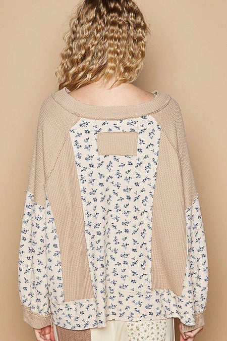 POL Waffle Knit Floral Notched Long Sleeve Top - S. M. & Co.