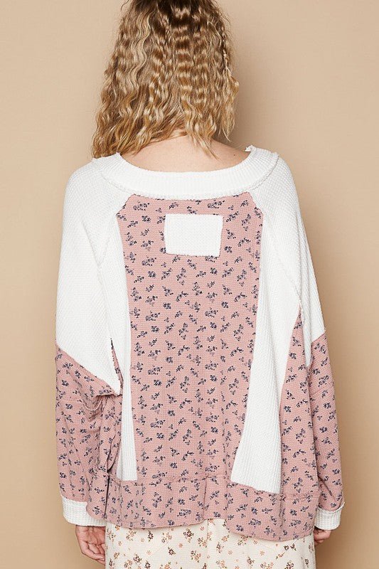 POL Waffle Knit Floral Notched Long Sleeve Top - S. M. & Co.