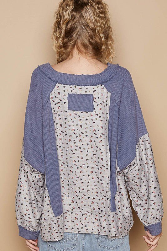 POL Waffle Knit Floral Notched Long Sleeve Top - S. M. & Co.