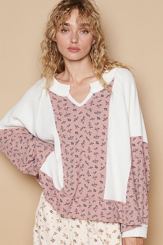 POL Waffle Knit Floral Notched Long Sleeve Top - S. M. & Co.