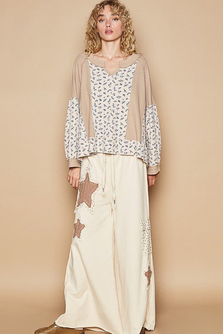 POL Waffle Knit Floral Notched Long Sleeve Top - S. M. & Co.