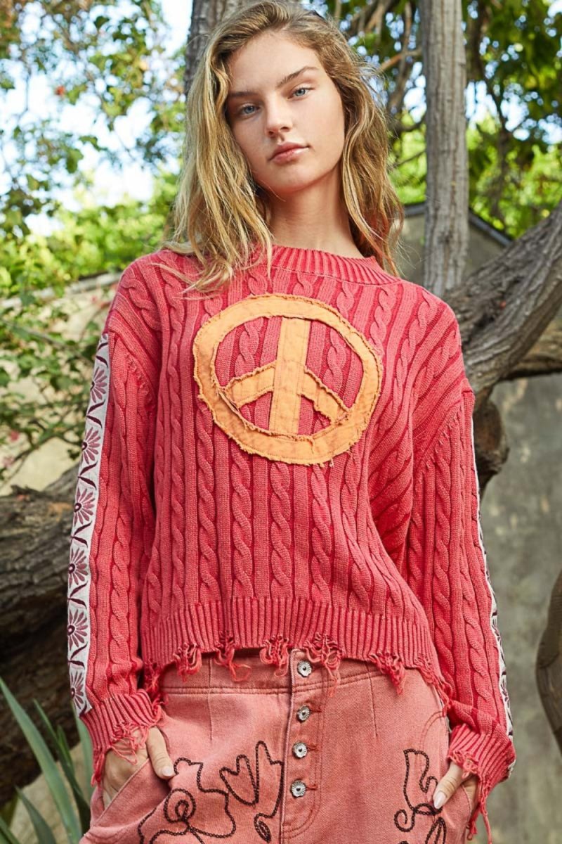 POL Washed Peace Patch Cable Knit Sweater - S. M. & Co.