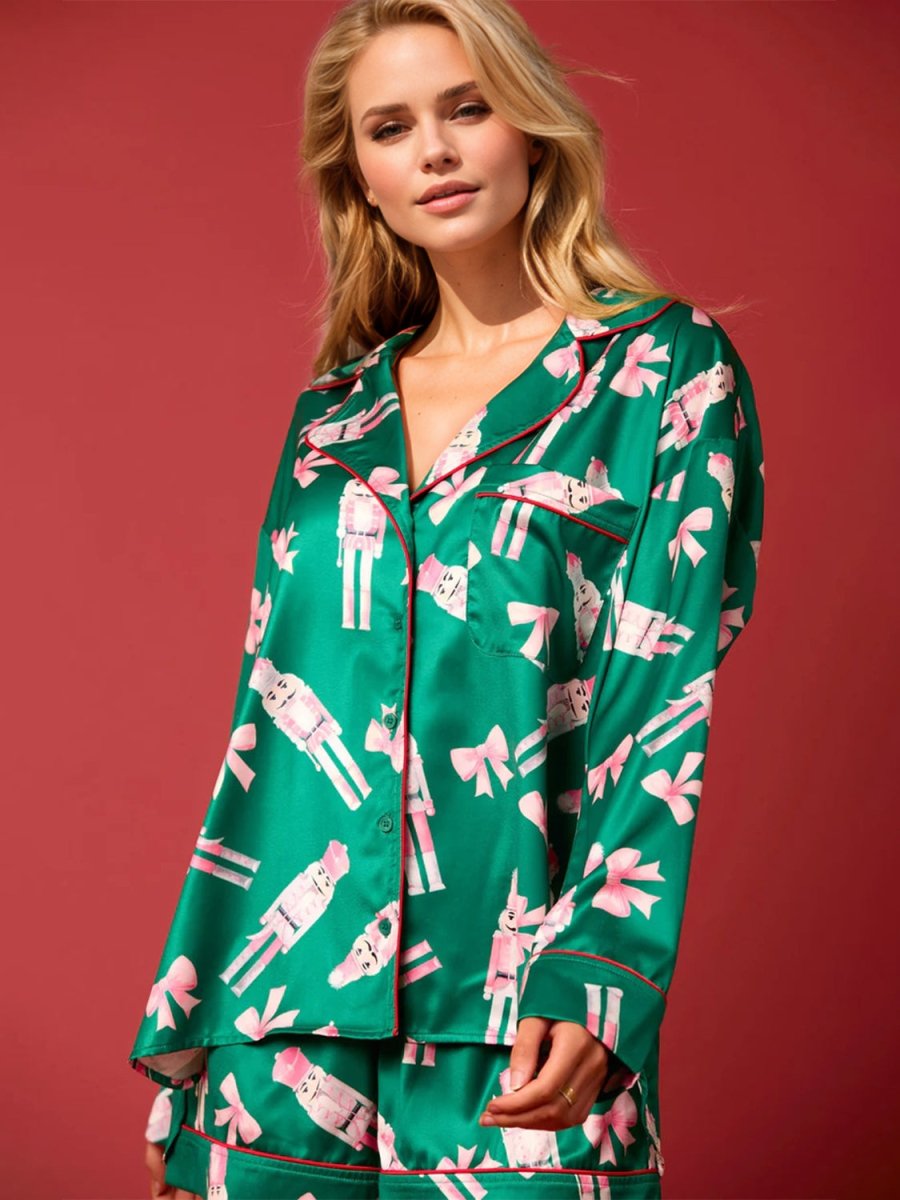 Printed Collared Neck Long Sleeve Top and Shorts Set - S. M. & Co.