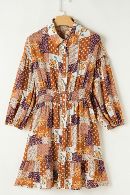 Printed Collared Neck Three - Quarter Sleeve Mini Shirt Dress - S. M. & Co.