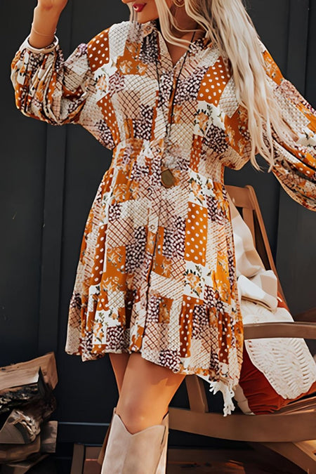 Printed Collared Neck Three - Quarter Sleeve Mini Shirt Dress - S. M. & Co.