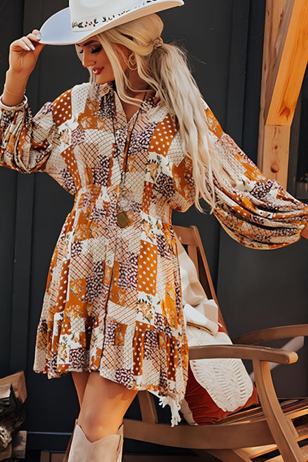 Printed Collared Neck Three - Quarter Sleeve Mini Shirt Dress - S. M. & Co.