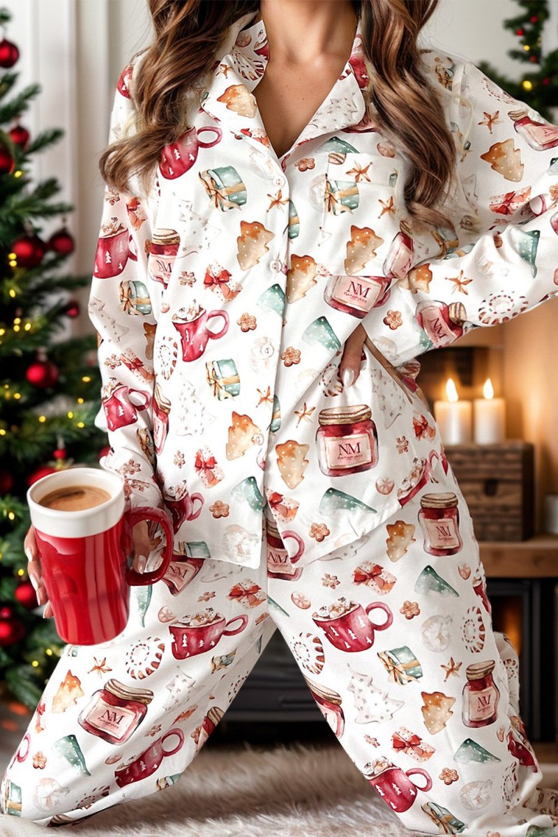 Printed Collared Neck Top and Pants Lounge Set - S. M. & Co.