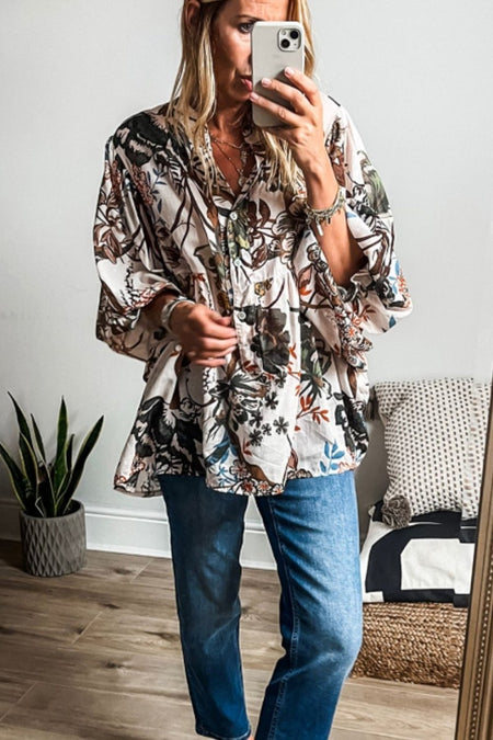 Printed Notched Flounce Sleeve Blouse - S. M. & Co.