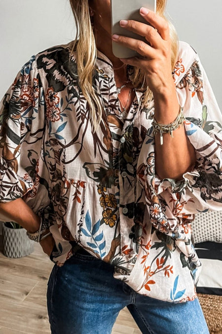 Printed Notched Flounce Sleeve Blouse - S. M. & Co.