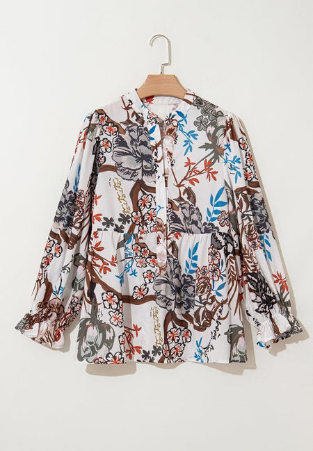 Printed Notched Flounce Sleeve Blouse - S. M. & Co.