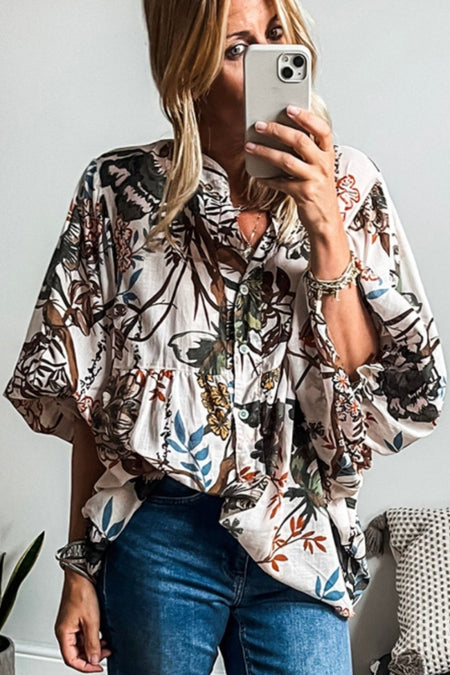 Printed Notched Flounce Sleeve Blouse - S. M. & Co.