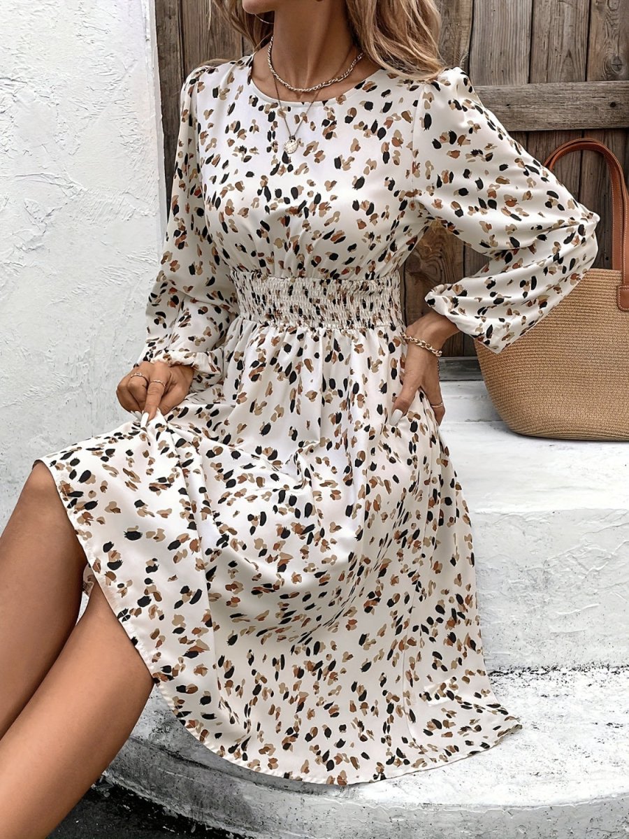 Printed Round Neck Long Sleeve Dress - S. M. & Co.