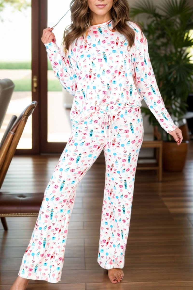 Printed Round Neck Long Sleeve Top and Pants Lounge Set - S. M. & Co.