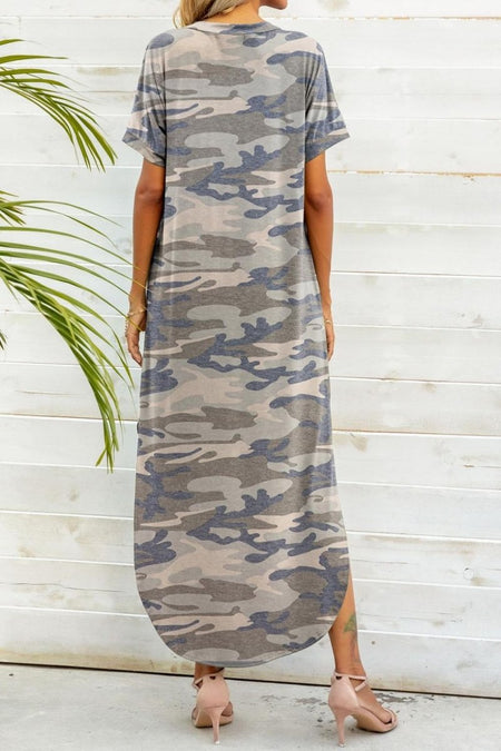 Printed V - Neck Curved Hem Dress - S. M. & Co.