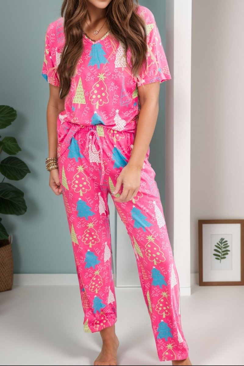 Printed V - Neck Short Sleeve Top and Pants Lounge Set - S. M. & Co.