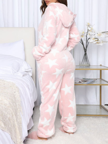 Printed Zip Up Long Sleeve Hooded Lounge Jumpsuit - S. M. & Co.